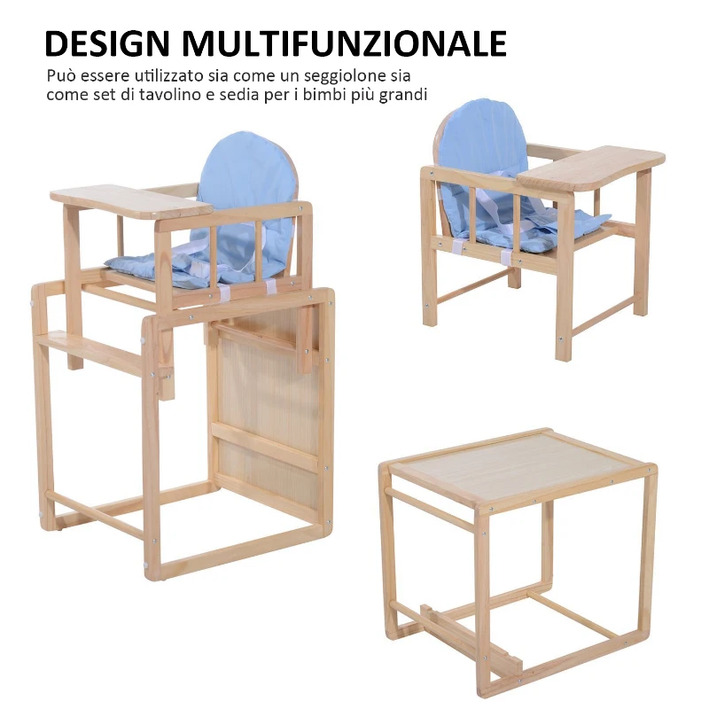HOMCOM Seggiolone Multifunzione per Bambini con Cuscino Blu in Legno di Pino 50 x 44 x 88cm (Blu)