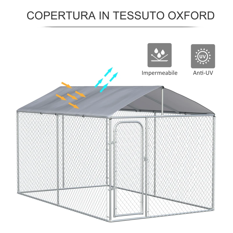 PawHut Kennel per Cani in Metallo con Copertura in Tessuto e Porta con Blocco, Recinto per Animali 400x230x232cm Argento