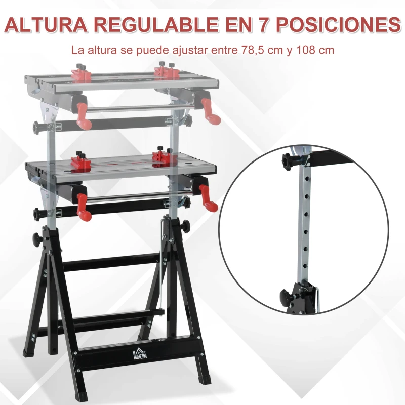 HOMCOM Banco de Trabajo Plegable con Altura Ajustable Tableros Regulables en Ancho y Distancia Carga Máx.100 kg 60x59x77-107 cm Negro y Plata