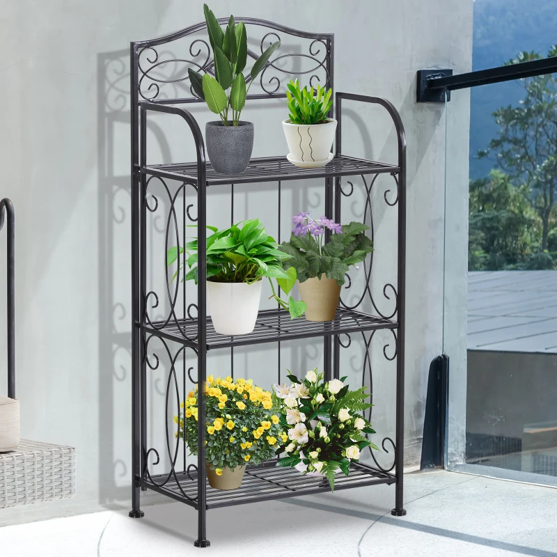 HOMCOM Portafiori Scaffale Pieghevole con 3 Ripiani per Balcone Giardino in Ferro Verniciato, Nero, 48 x28 x 101.5 cm