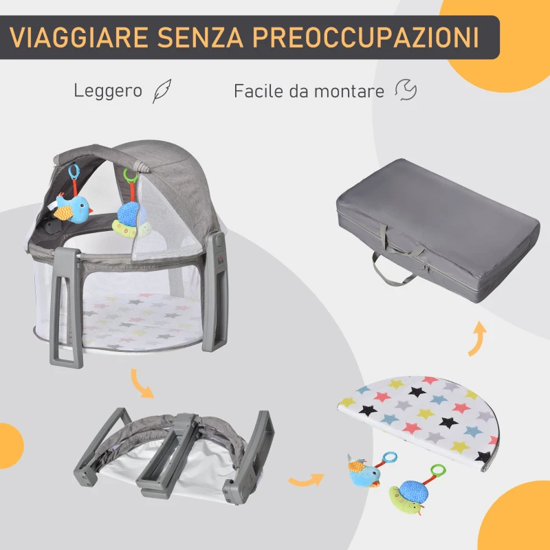 HOMCOM Box Neonati 0-12 Mesi Pieghevole con Borsa da Viaggio e Palestrina Grigio