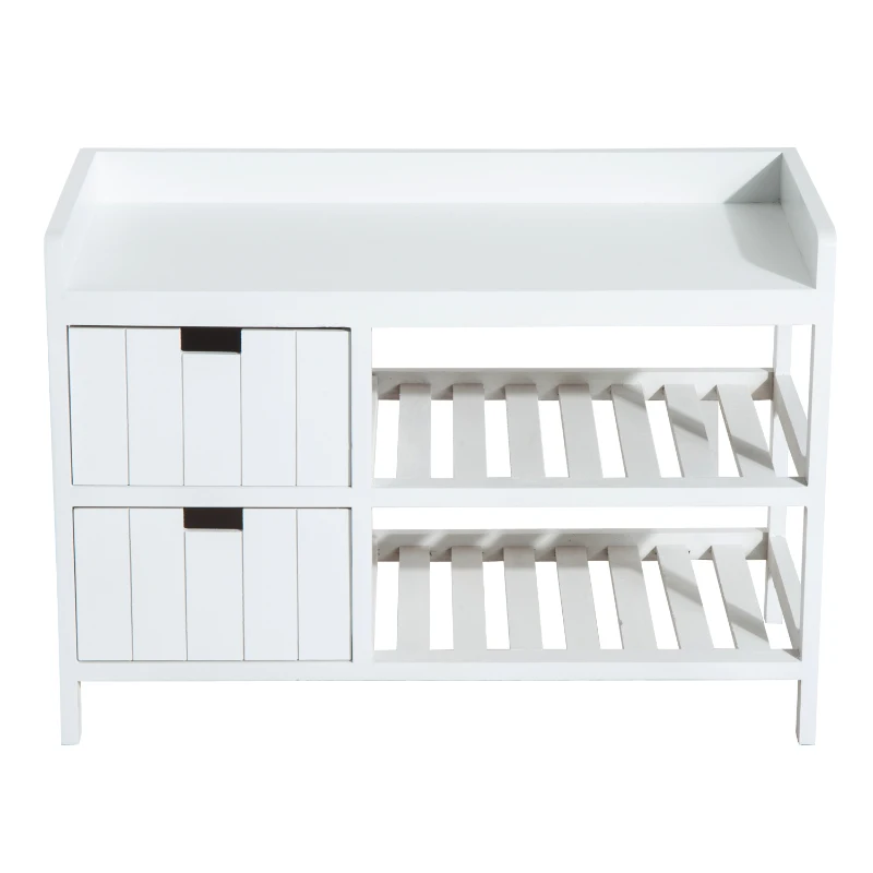 HOMCOM Panca Contenitore Shabby da Ingresso con Cuscino, Cassetti e Ripiani, in Legno, Bianco, 69 x 34 x 48cm