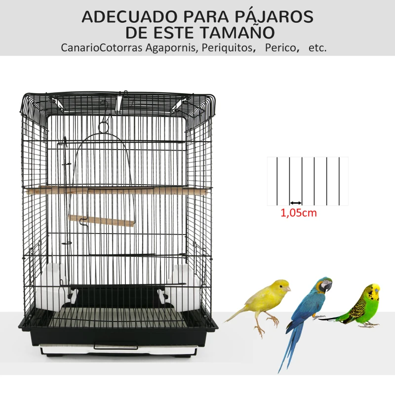 PawHut Jaula para Pájaro Espaciosa Jaula de Aves con Techo Abierto con 4 Soportes 2 Comederos para Interior o Exterior 41.5x29.5x56.5cm