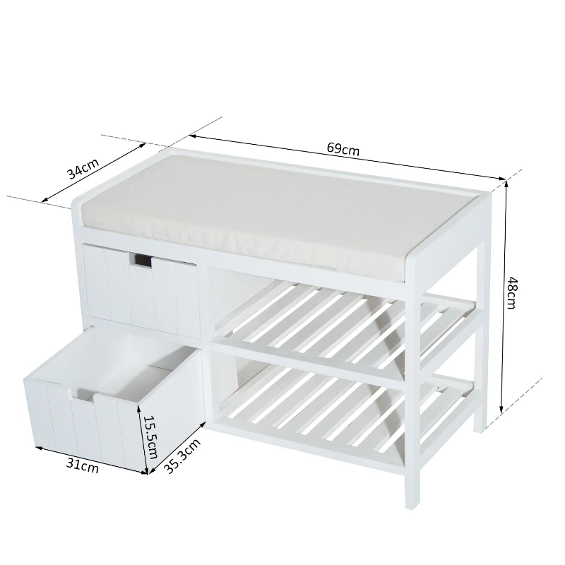 HOMCOM Panca Contenitore Shabby da Ingresso con Cuscino, Cassetti e Ripiani, in Legno, Bianco, 69 x 34 x 48cm