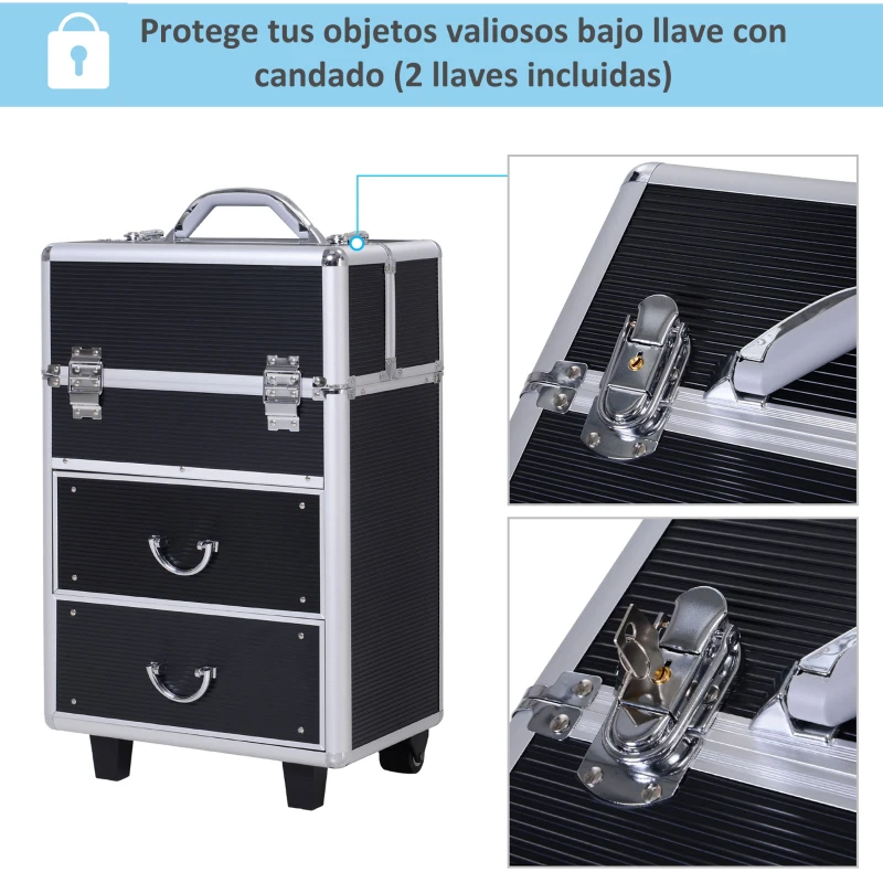 HOMCOM Maleta de Maquillaje Portátil Estuche de Comésticos Profesional con 6 Cajones Extensibles Cerradura y 2 Llaves Ruedas Asa Retráctil 36x23x58 cm Negro