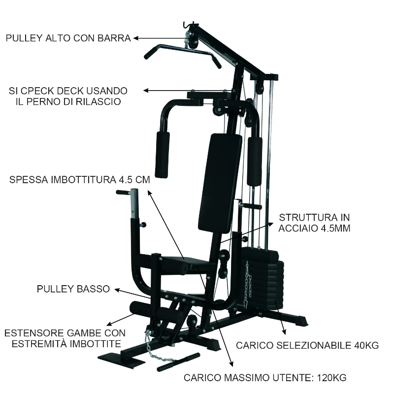HOMCOM Stazione Multifunzione Professionale per Allenamento Upper & Lower Body, in Acciaio e PVC, Nero, 156x113x205cm