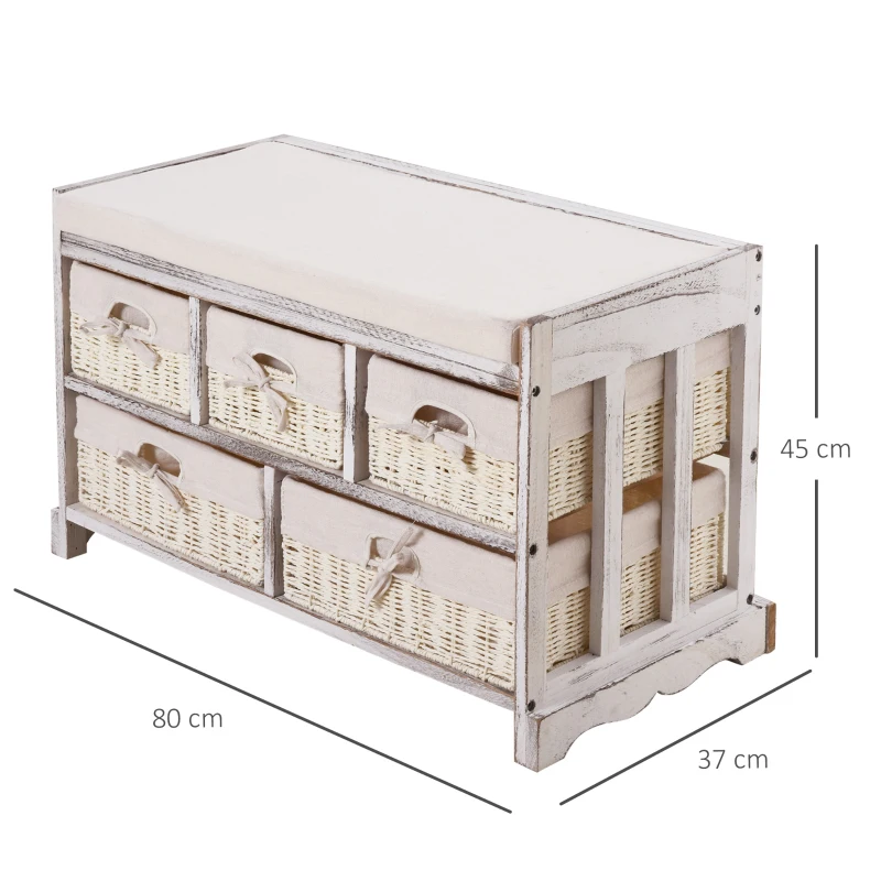 HOMCOM Cassettiera Stile Shabby Chic con Cestini in Vimini, Struttura in Legno e Seduta Imbottita, 80x37x45cm