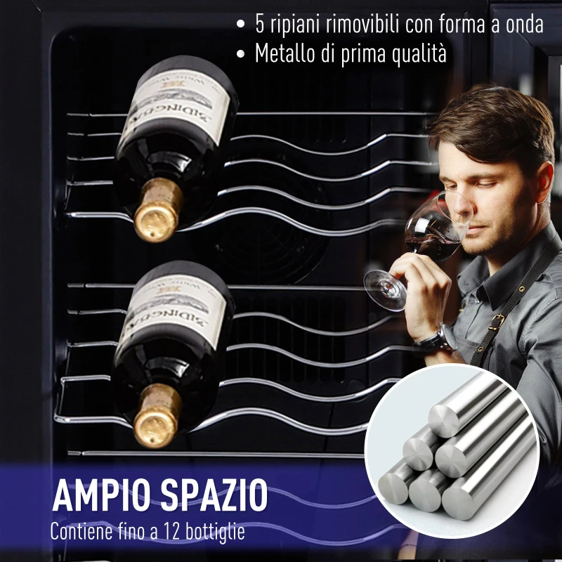 HOMCOM Cantina Refrigerata per Vino, Frigorifero Cantinetta con 5 Ripiani (Max 12 Bottiglie), Temperatura 11°-18°, Nero