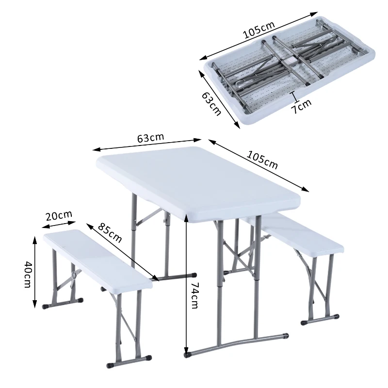 Outsunny-Set Tavolo da Campeggio Giardino Picnic con 2 Panche Pieghevole in Polietilene Bianco