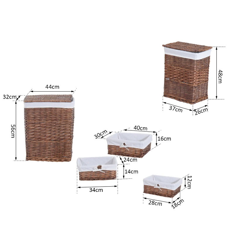 HOMCOM Set di Contenitori Portaoggetti in Vimini 5 Pezzi con Fodera Rimovibile e Lavabile