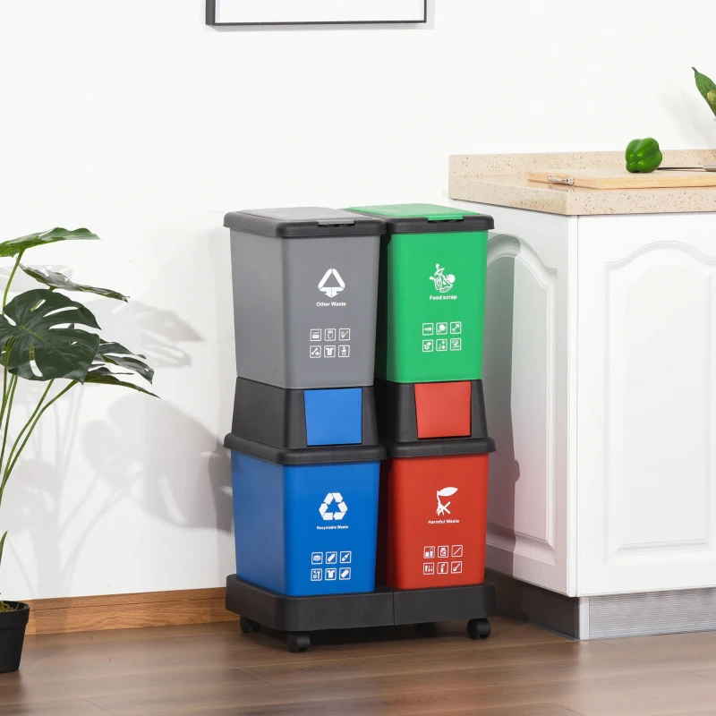 HOMCOM Pattumiera Differenziata con 4 Bidoni Multicolore e Base con Ruote, Capacità Totale 100L, Plastica, 50x37.5x90cm