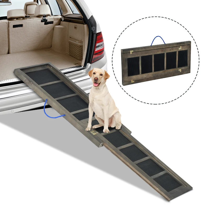 PawHut Rampa Pieghevole per Cani Animali per Auto Macchina in Legno Massello con Rivestimento Antiscivolo, 165 x 43 x 4.8cm