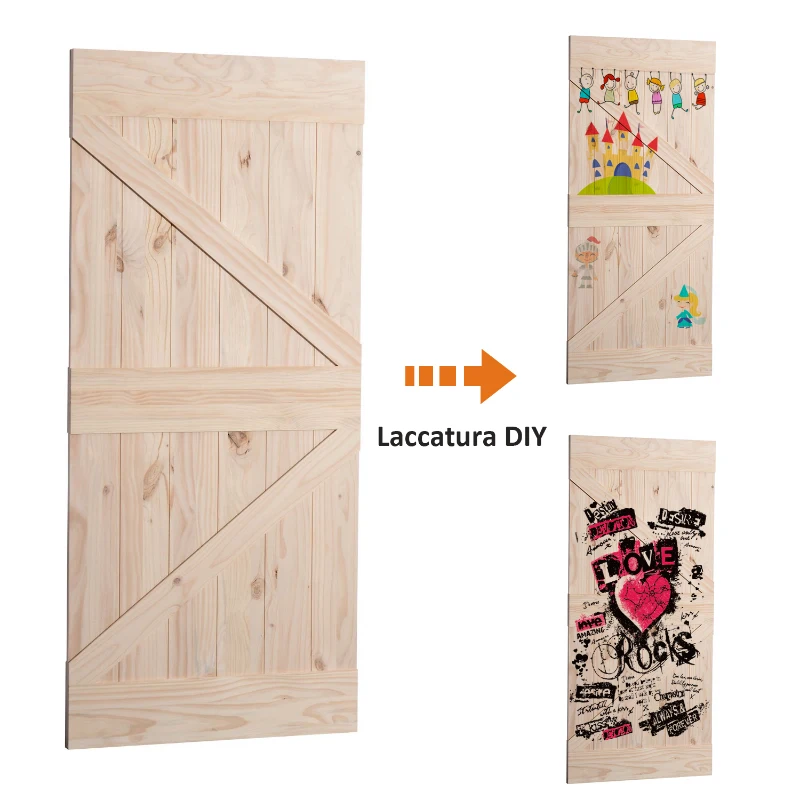 HOMCOM - Porta Scorrevole Barn Door in Legno di Pino Laccatura DIY, 213 x 96.5 x 3.5cm, Naturale