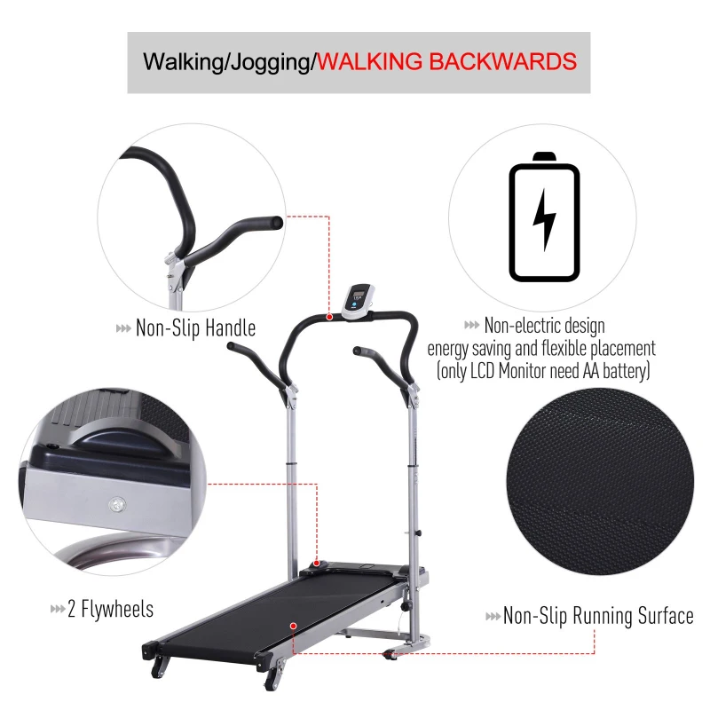 HOMCOM Tapis Roulant Meccanico (Non Elettrico) Con Monitor LCD a Batteria, Angolatura e Altezza Regolabili e Superficie di Corsa Antiscivolo