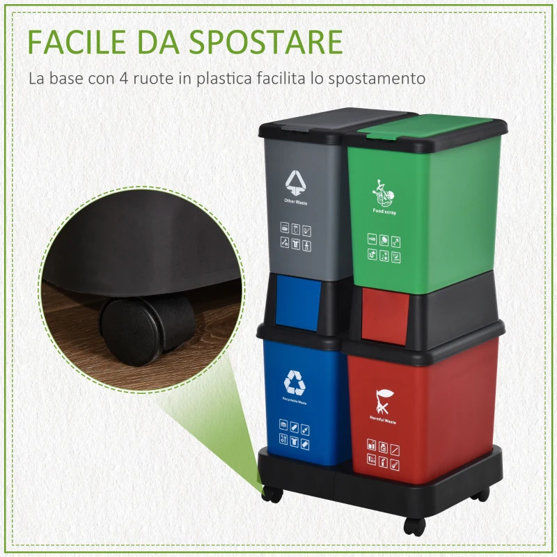 HOMCOM Pattumiera Differenziata con 4 Bidoni Multicolore e Base con Ruote, Capacità Totale 100L, Plastica, 50x37.5x90cm