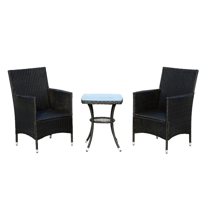 Outsunny Set Mobili da Giardino in Rattan, Tavolo con 2 Poltroncine con Cuscini, Nero
