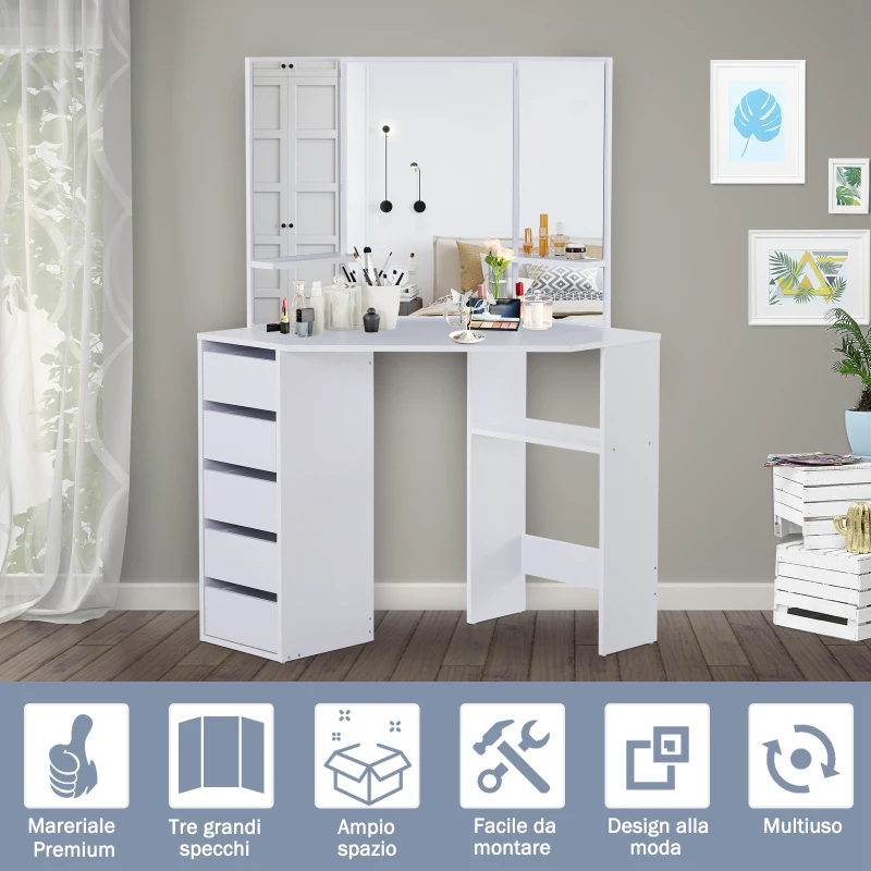 HOMCOM Postazione Trucco con 3 Specchi Pieghevoli, Tavolo Makeup in Legno Bianco con 5 Cassetti - 111x56.2x141.3cm
