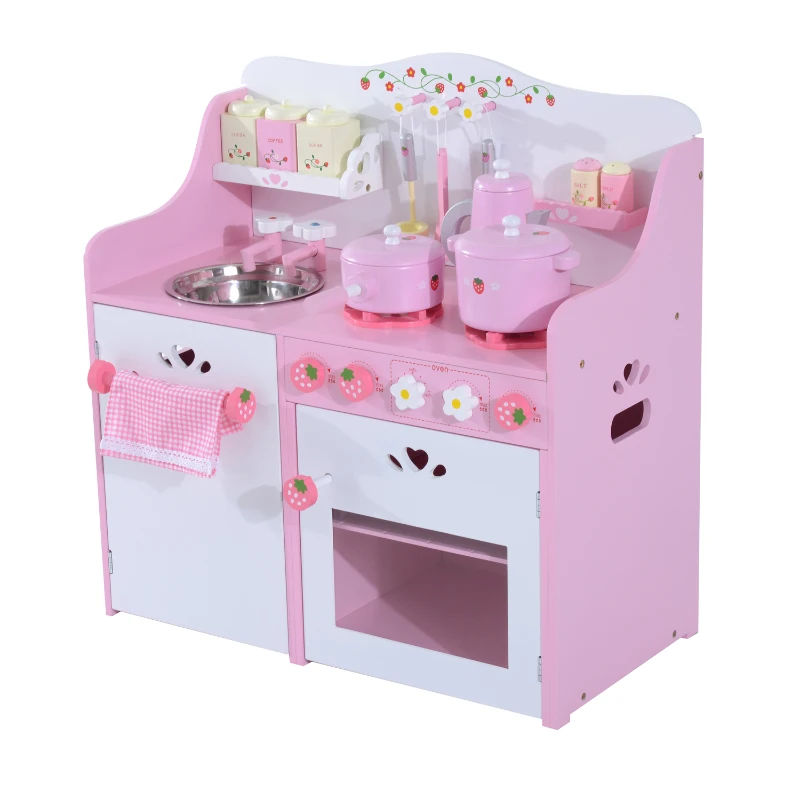 HomCom Cucina Giocattolo per Bambini in Legno con Accessori, Rosa, 60x30x62cm