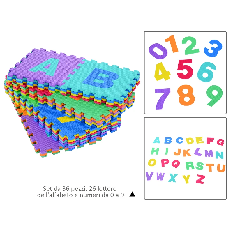 HOMCOM Tappeto da Gioco 36 Pezzi Puzzle in EVA con Numeri e Lettere dell'Alfabeto per Bambini Colorato