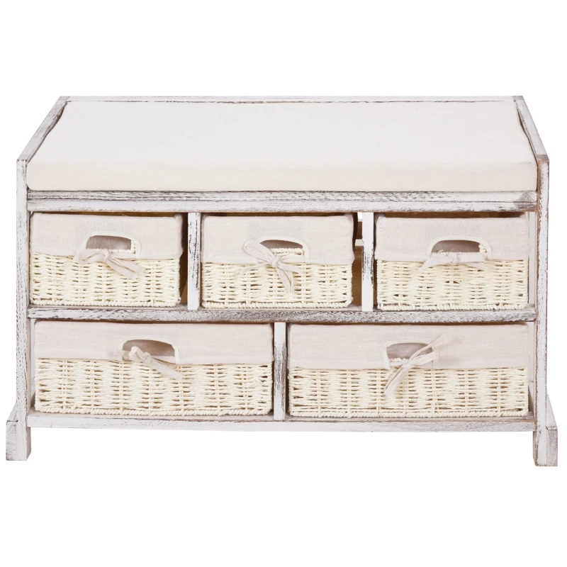 HOMCOM Cassettiera Stile Shabby Chic con Cestini in Vimini, Struttura in Legno e Seduta Imbottita, 80x37x45cm
