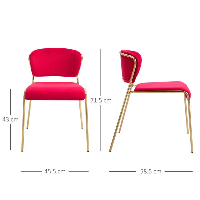 HOMCOM Set 4 Sedie di Design per Sala da Pranzo, Poltroncine Imbottite in Velluto Rosso e Gambe in Metallo Oro
