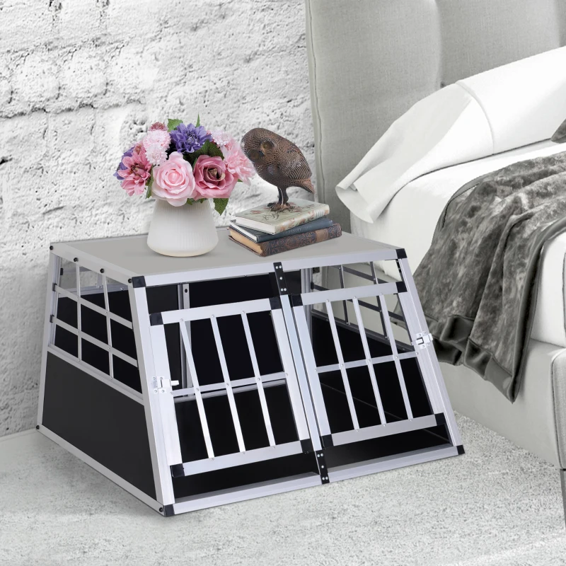 Pawhut Jaula Aluminio para Perros Transportín Aluminio de Perro para Viaje Doble Puerta con Tabique Hermético Extraíble 89,5x68,5x50 cm