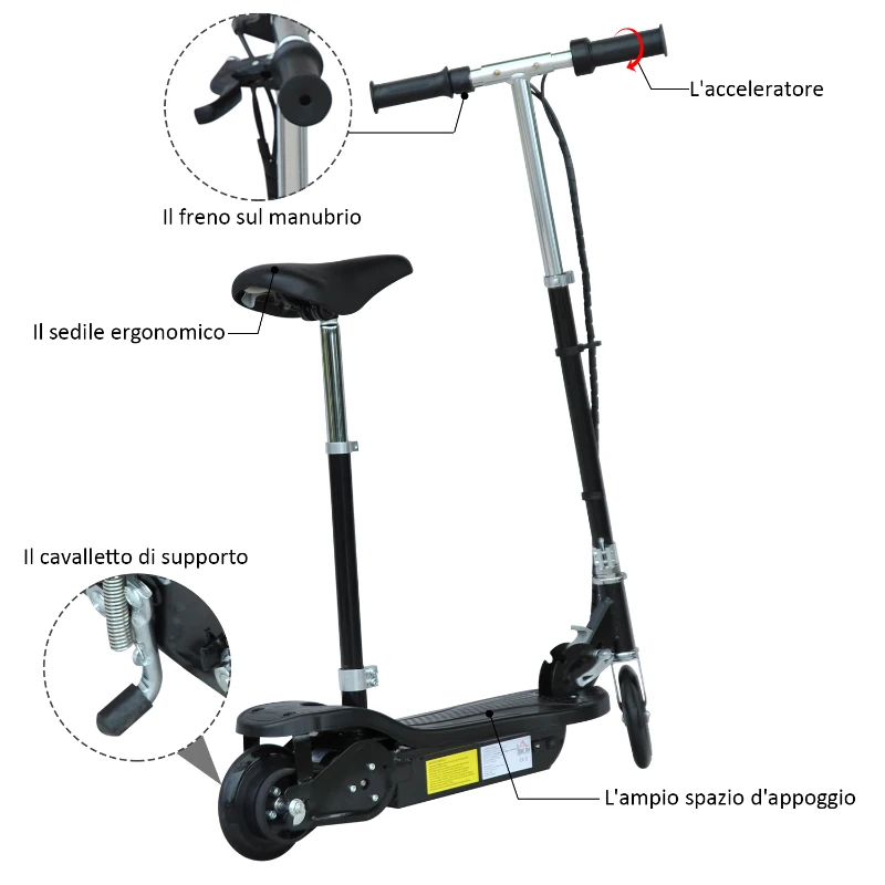 HOMCOM Monopattino Scooter Elettrico per Bambini con Sedile Pieghevole e Velocità Regolabile Max 12KM/H, 81.5 x 37 x 96cm, Nero