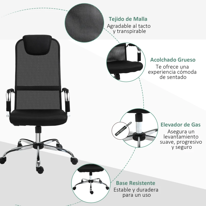 Vinsetto Silla de Oficina Ergonómica Silla de Escritorio Basculante y Giratoria con Altura Ajustable del Asiento con Reposacabezas y Respaldo Alto Malla 65,5x62,5x117-127 cm Negro