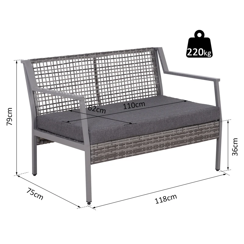 Outsunny Divano panchina da giardino a 2 posti in Rattan e alluminio Grigio 118 x 75 x 79 cm