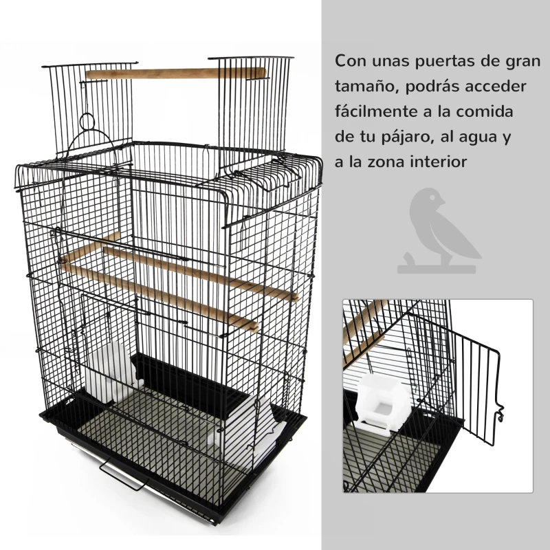 PawHut Jaula para Pájaro Espaciosa Jaula de Aves con Techo Abierto con 4 Soportes 2 Comederos para Interior o Exterior 41.5x29.5x56.5cm