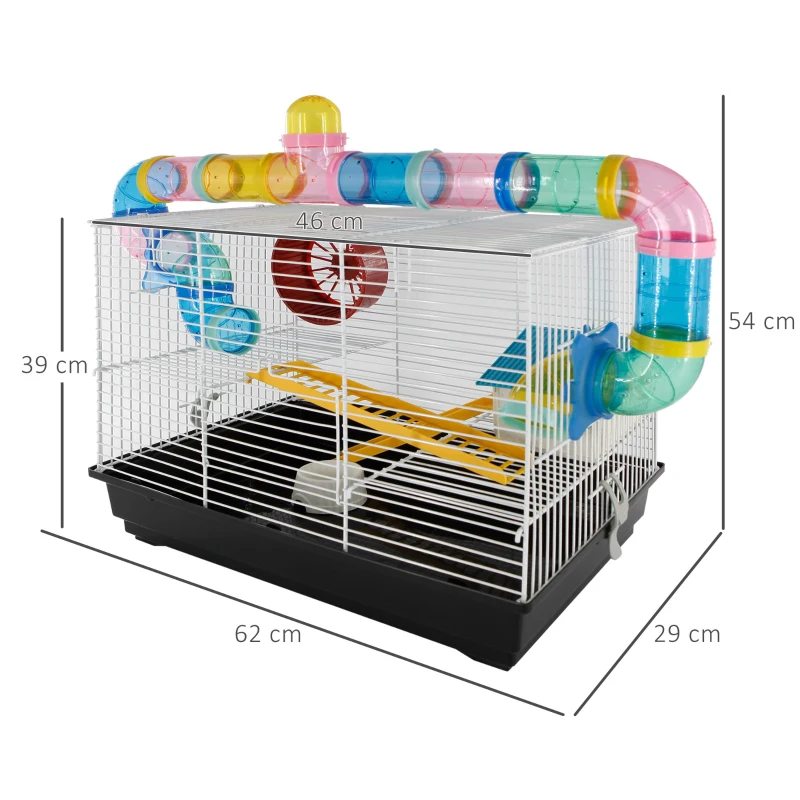 PawHut Gabbia per Criceti a Tre Piani con Tubi e Accessori, in Metallo e Plastica
