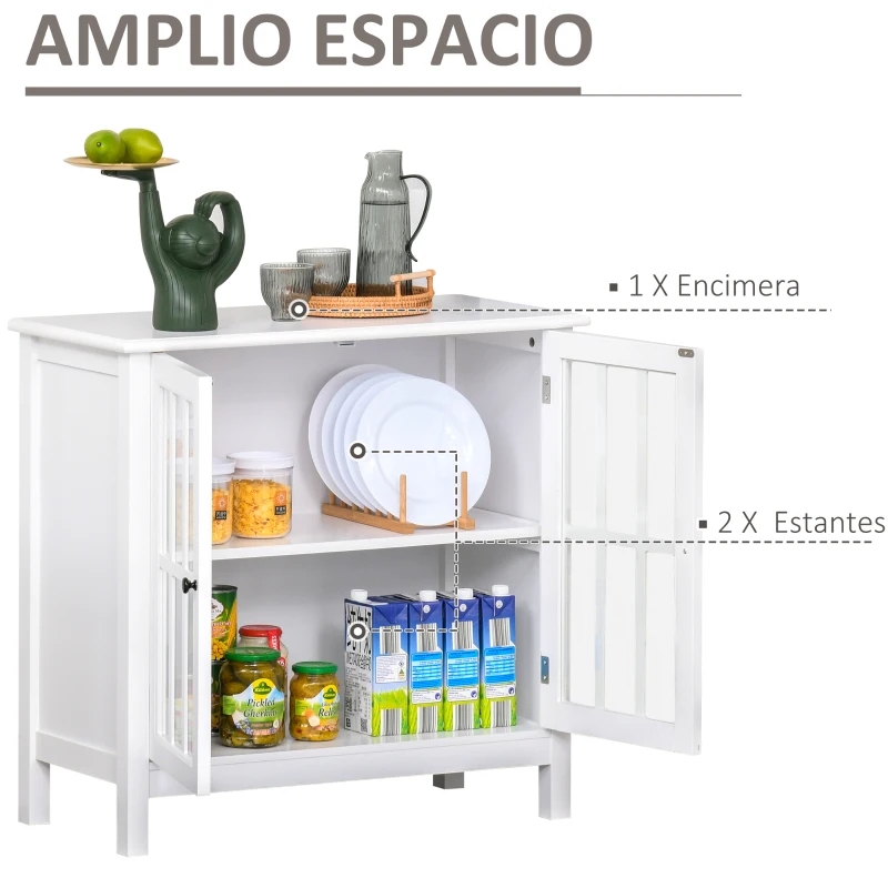 HOMCOM Aparador de Cocina Armario de Almacenaje con 2 Puertas de Vidrio Dispositivo Antivuelco Comedor Entrada Buffet 80x36,5x76 cm Blanco