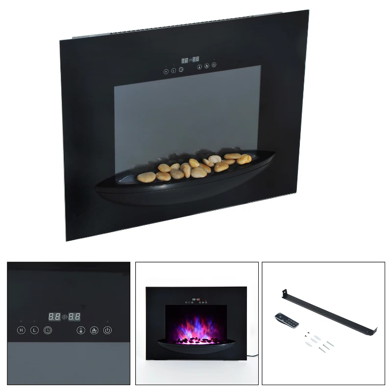 HOMCOM Camino Elettrico a Parete Potenza 900W /1800W con Timer in Ferro e Vetro Temperato 66 × 52 × 15.5cm Nero