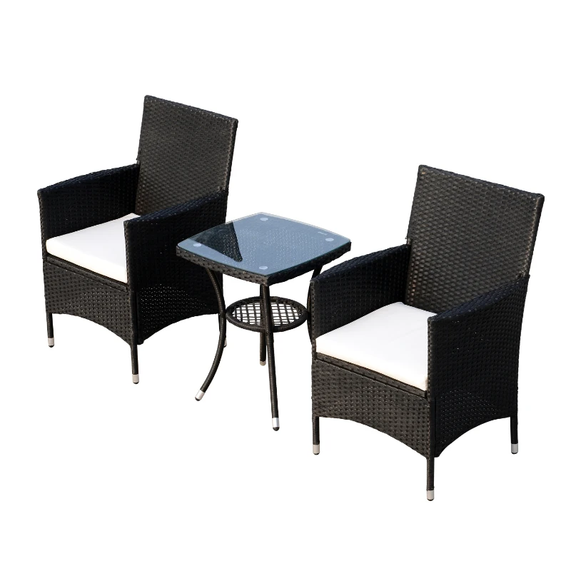 Outsunny Set Mobili da Giardino in Rattan, Tavolo con 2 Poltroncine con Cuscini, Nero