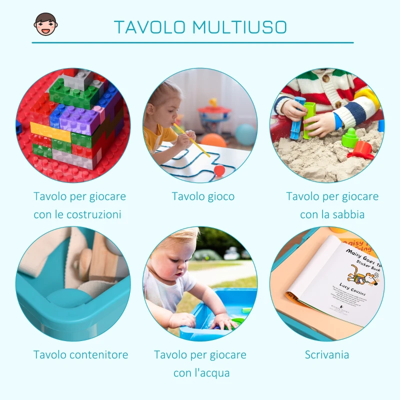HOMCOM Set Tavolo Contenitore con 2 Sedie e 4 Scatole Portagiochi per Bambini