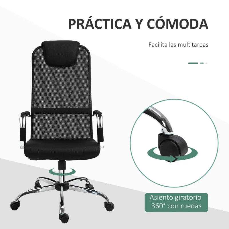 Vinsetto Silla de Oficina Ergonómica Silla de Escritorio Basculante y Giratoria con Altura Ajustable del Asiento con Reposacabezas y Respaldo Alto Malla 65,5x62,5x117-127 cm Negro