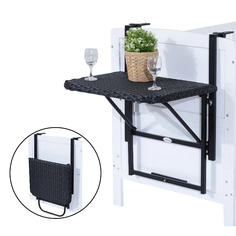 Outsunny Tavolino Pieghevole da Appendere alla Ringhiera del Balcone, Terrazzo Altezza Regolabile in PE Rattan Nero 58 x 55 x 64cm