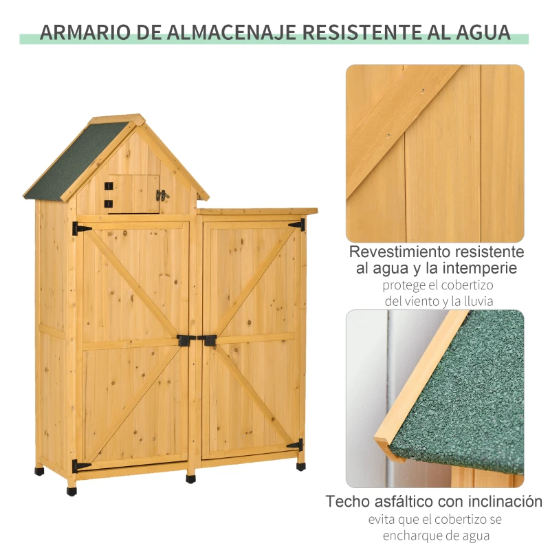 Outsunny Caseta de Jardín de Madera con 2 Puertas 138x54,5x175 cm Cobertizo de Almacenaje Herramientas Techo Asfáltico Estantes Ganchos para Exterior Madera Natural