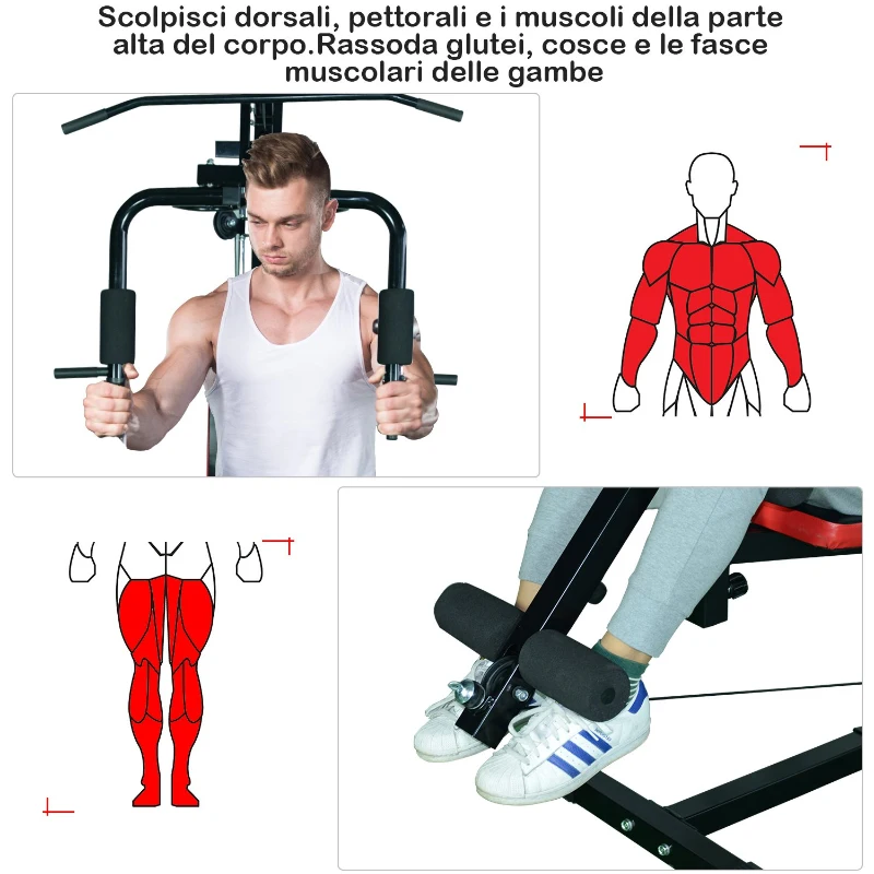 HOMCOM Panca per Allenamento Casa Palestra Multifunzione Professionale Addominali Gambe Pettorali in Acciaio Nero 125x106x205cm