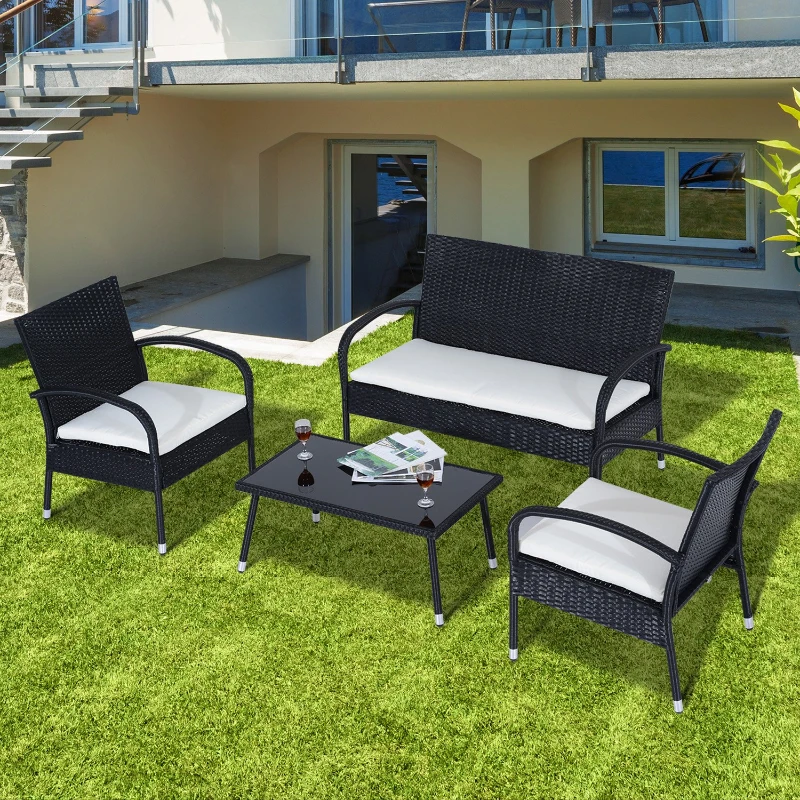 Outsunny Divano, 2 Sedie e Tavolino con Cuscini Crema