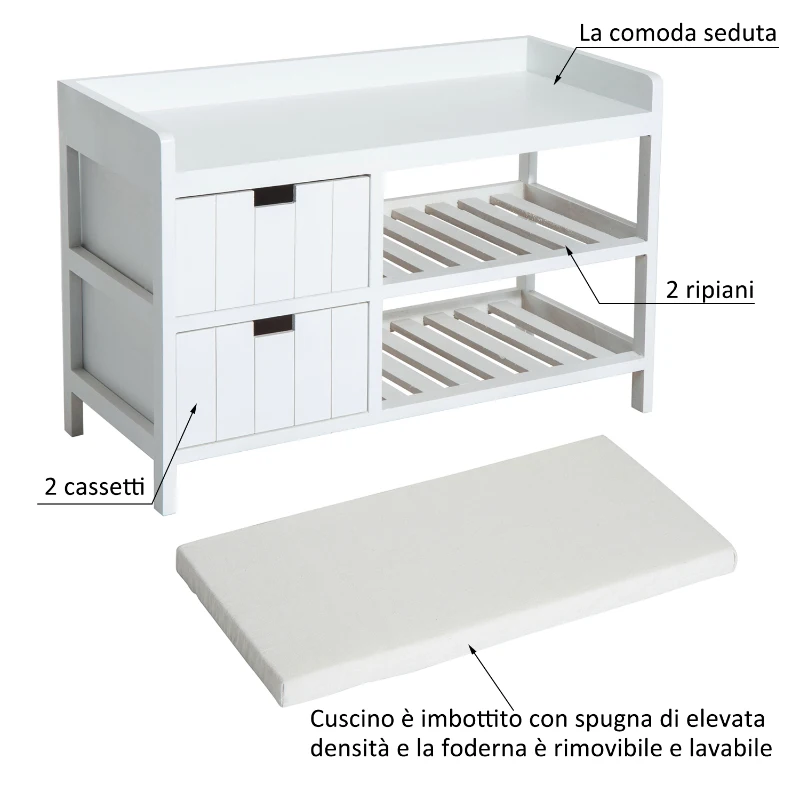 HOMCOM Panca Contenitore Shabby da Ingresso con Cuscino, Cassetti e Ripiani, in Legno, Bianco, 69 x 34 x 48cm