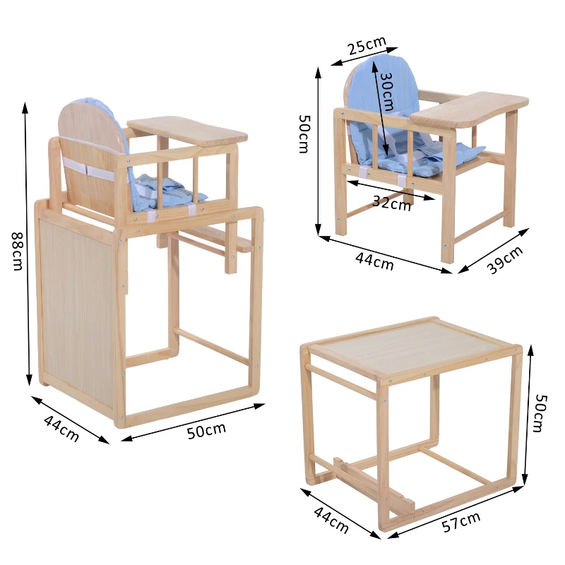 HOMCOM Seggiolone Multifunzione per Bambini con Cuscino Blu in Legno di Pino 50 x 44 x 88cm (Blu)