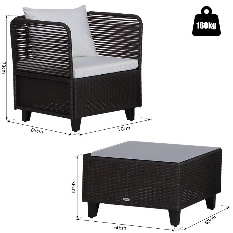 Outsunny Set Mobili da Giardino in Rattan 3 Pezzi 2 Poltrone Tavolino Piano in Vetro Struttura in Acciaio Marrone