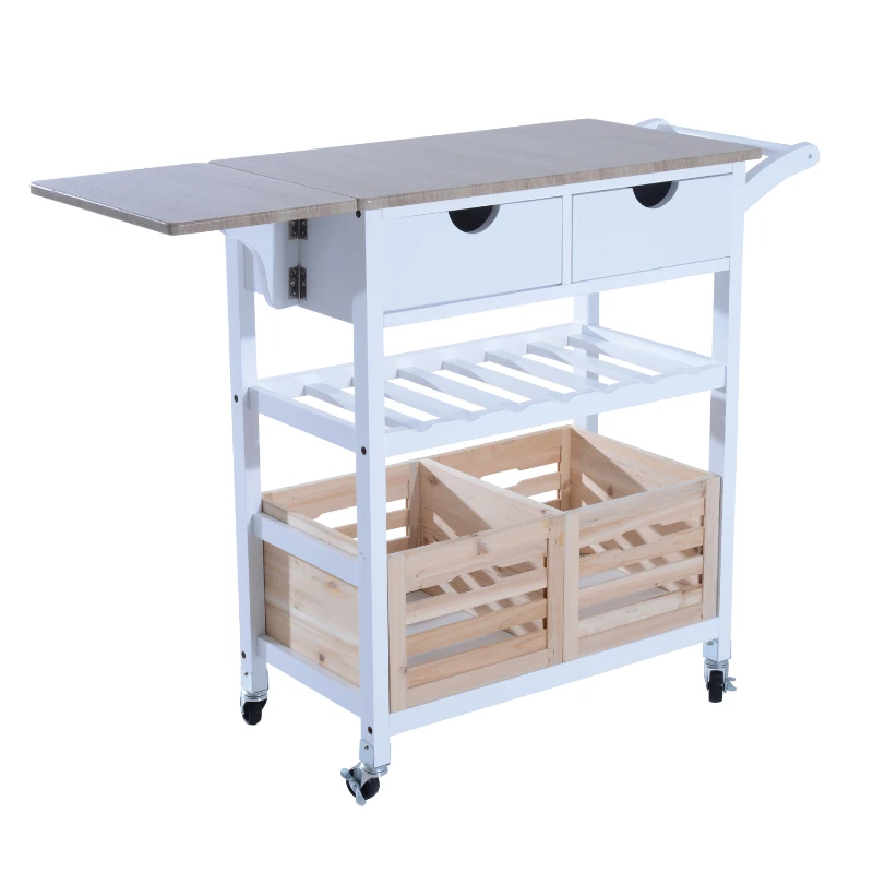 HOMCOM Carrello da Cucina Multifunzionale con 2 Ceste e Portabottiglie in Legno di Pino, Bianco, 70 x 40 x 86cm