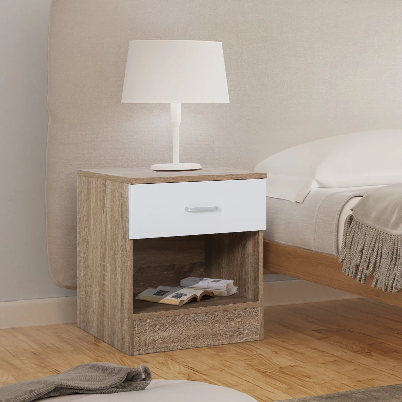 HOMCOM Comodino in Rovere con Cassetto Bianco per Camera da Letto 45L x 35P x 46.5A cm Rovere, Bianco lucido