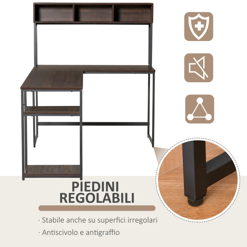 HOMCOM Scrivania Angolare con Libreria e Mensola per PC in Stile Industriale, Legno e Metallo 170x120x140cm, Noce e Nero