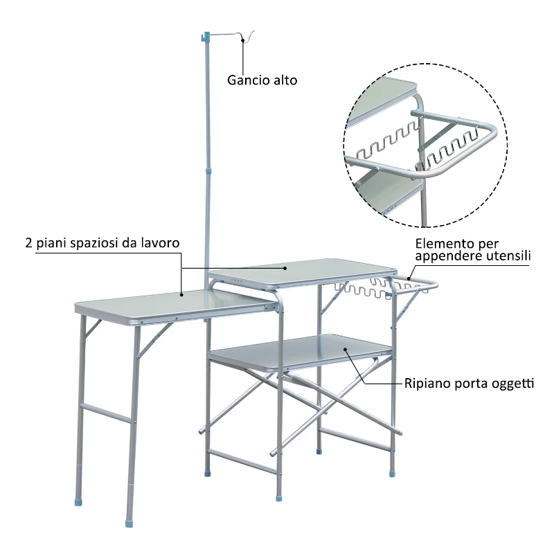 Outsunny Tavolo da Picnic Campeggio con Tavolino Pieghevole Portatile 3 Posti in Lega d'Alluminio 154,5 x 40,5 x 82cm Argento