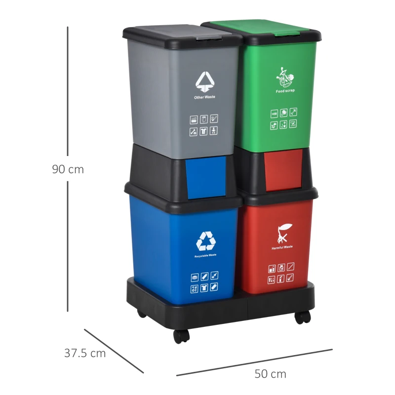 HOMCOM Pattumiera Differenziata con 4 Bidoni Multicolore e Base con Ruote, Capacità Totale 100L, Plastica, 50x37.5x90cm