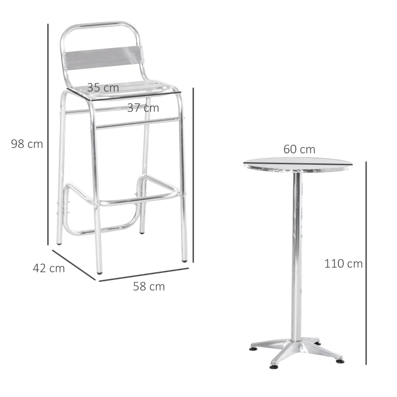 Outsunny Set Tavolino Alto con 2 Sgabelli da Bar, Arredamento da Giardino in Alluminio e Acciaio Colore Argento