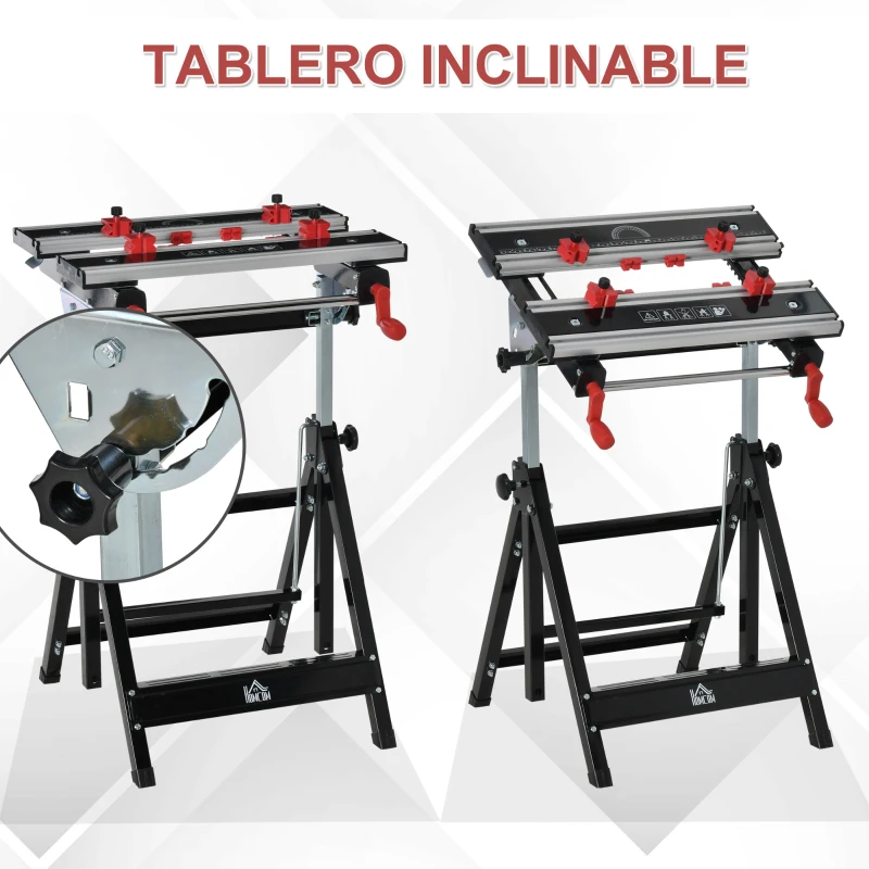 HOMCOM Banco de Trabajo Plegable con Altura Ajustable Tableros Regulables en Ancho y Distancia Carga Máx.100 kg 60x59x77-107 cm Negro y Plata